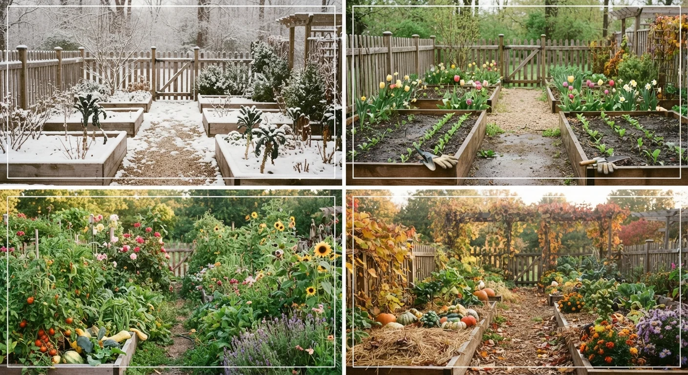 A home garden shown across four seasons, from winter dormancy to summer abundance.
