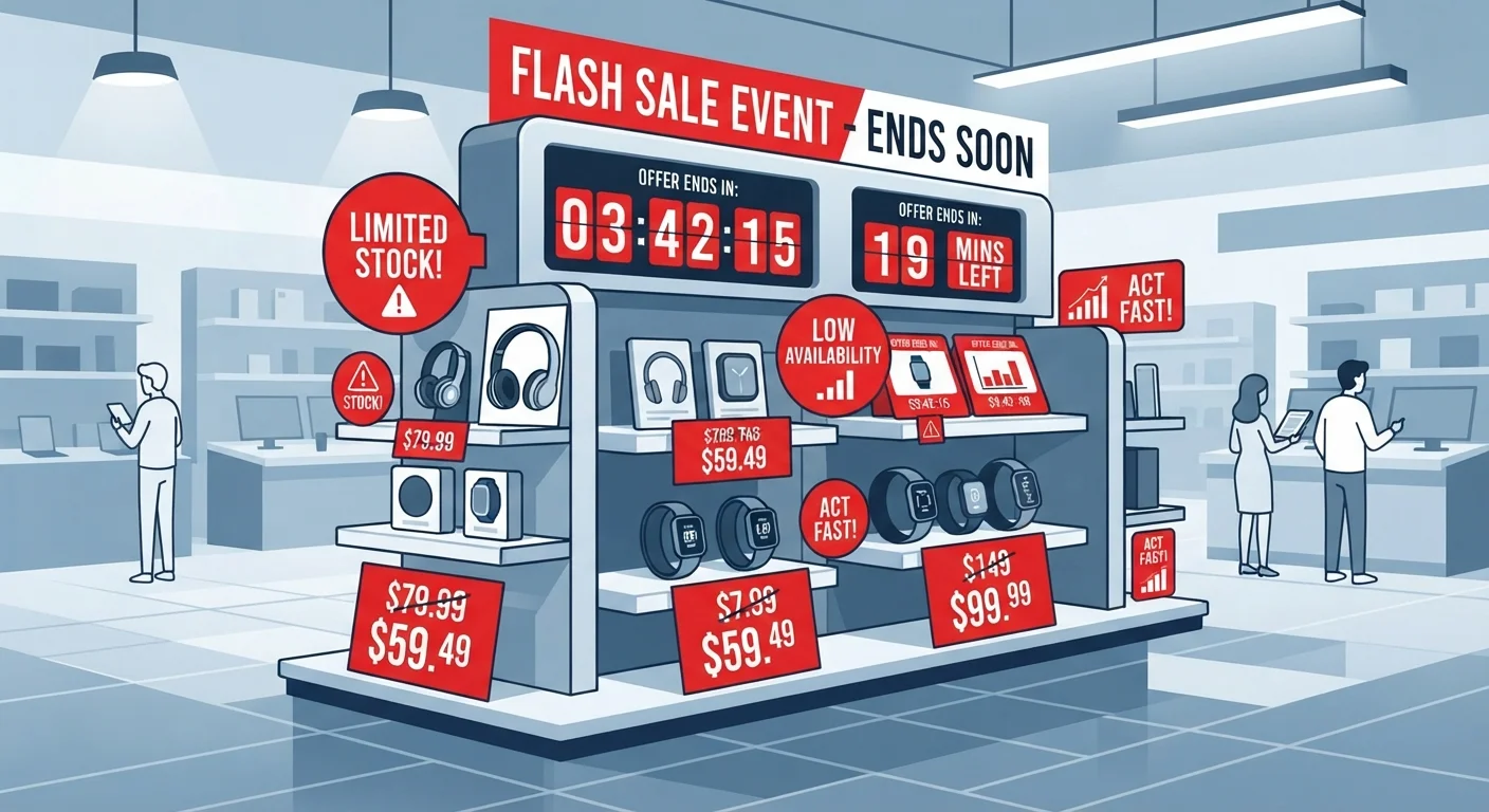 Bold sale signs with countdown timers and scarcity labels displayed on retail shelving