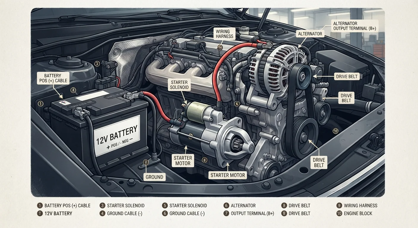 Car engine bay with battery, alternator, and starter motor visible under the hood