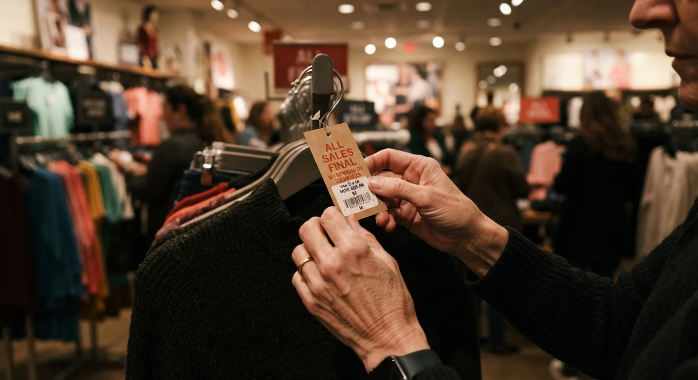 Shopper holding a price tag reading 'All Sales Final' in a retail environment