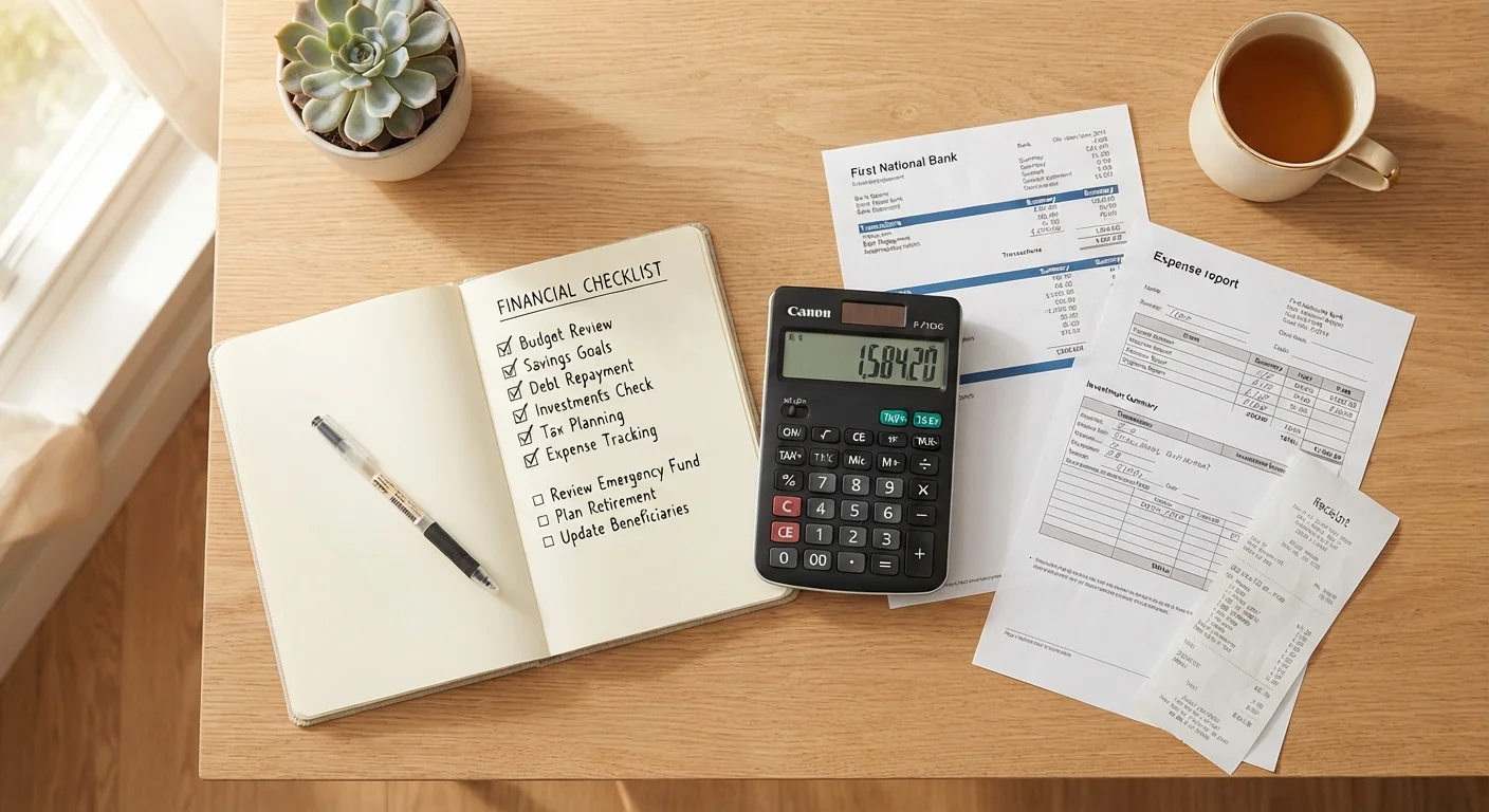 Open checklist notebook beside a calculator and financial papers on a clean desk