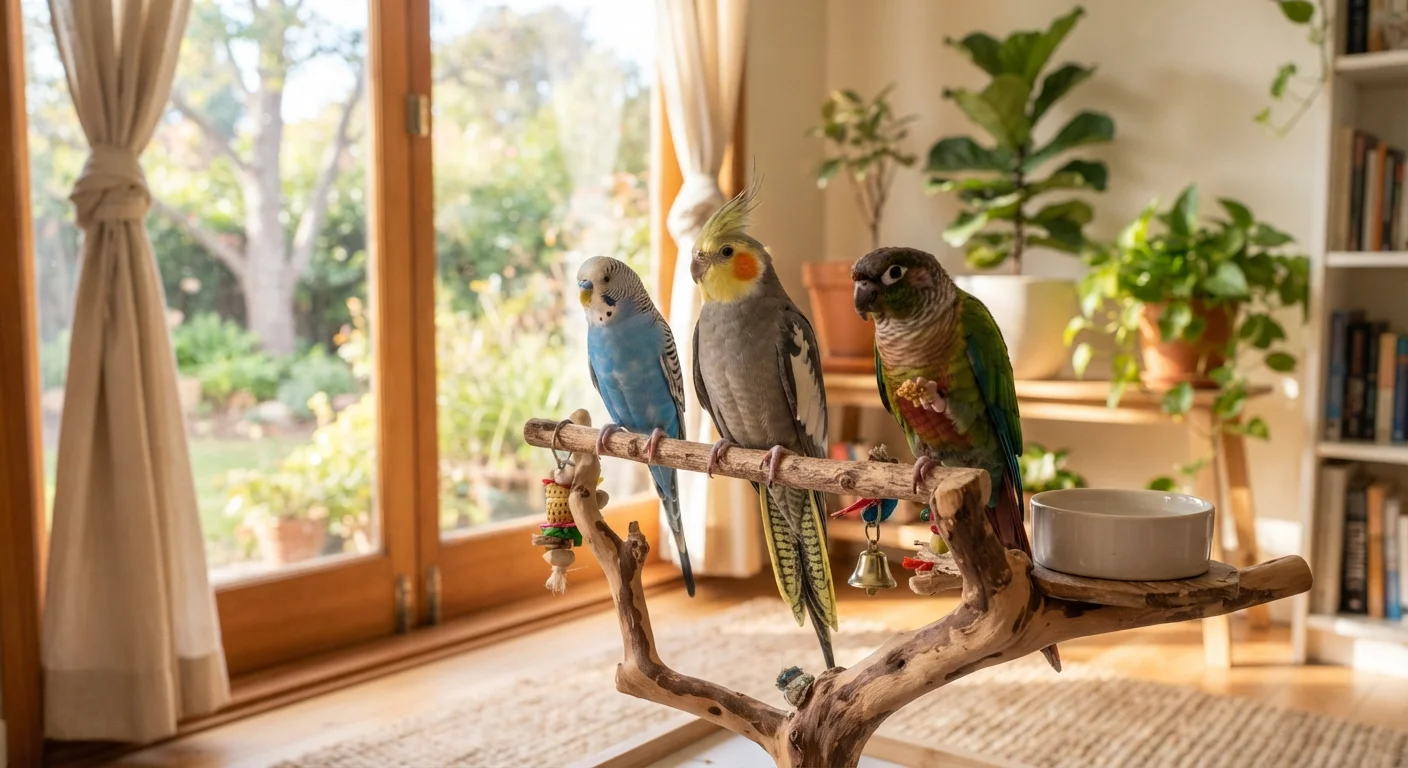 Three pet birds — a budgie, cockatiel, and conure — perched on wood stands near a sunny window indoors.