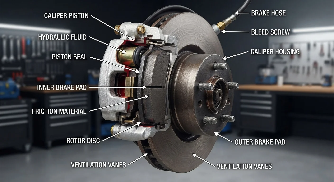 Cross-section of a car brake assembly showing pads clamping onto a rotor disc