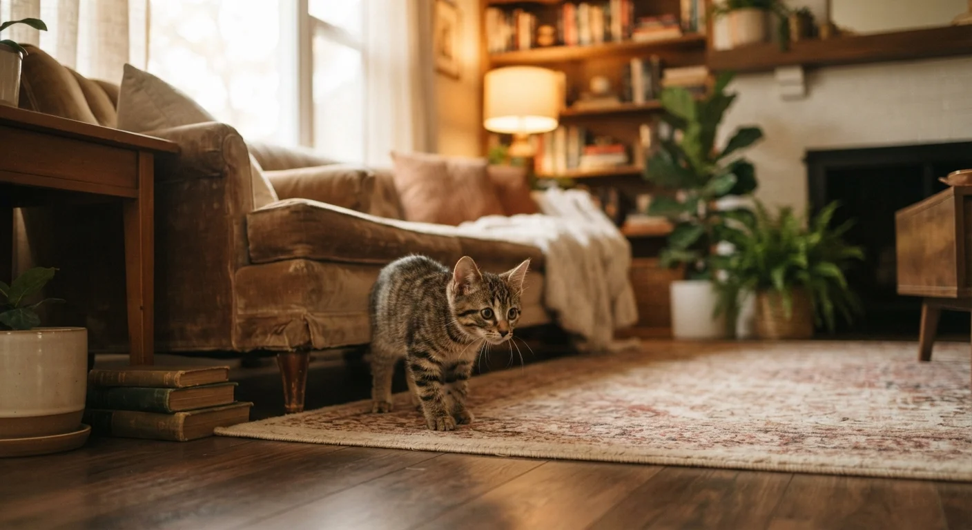 A young cat cautiously exploring a warmly lit living room on its first day home