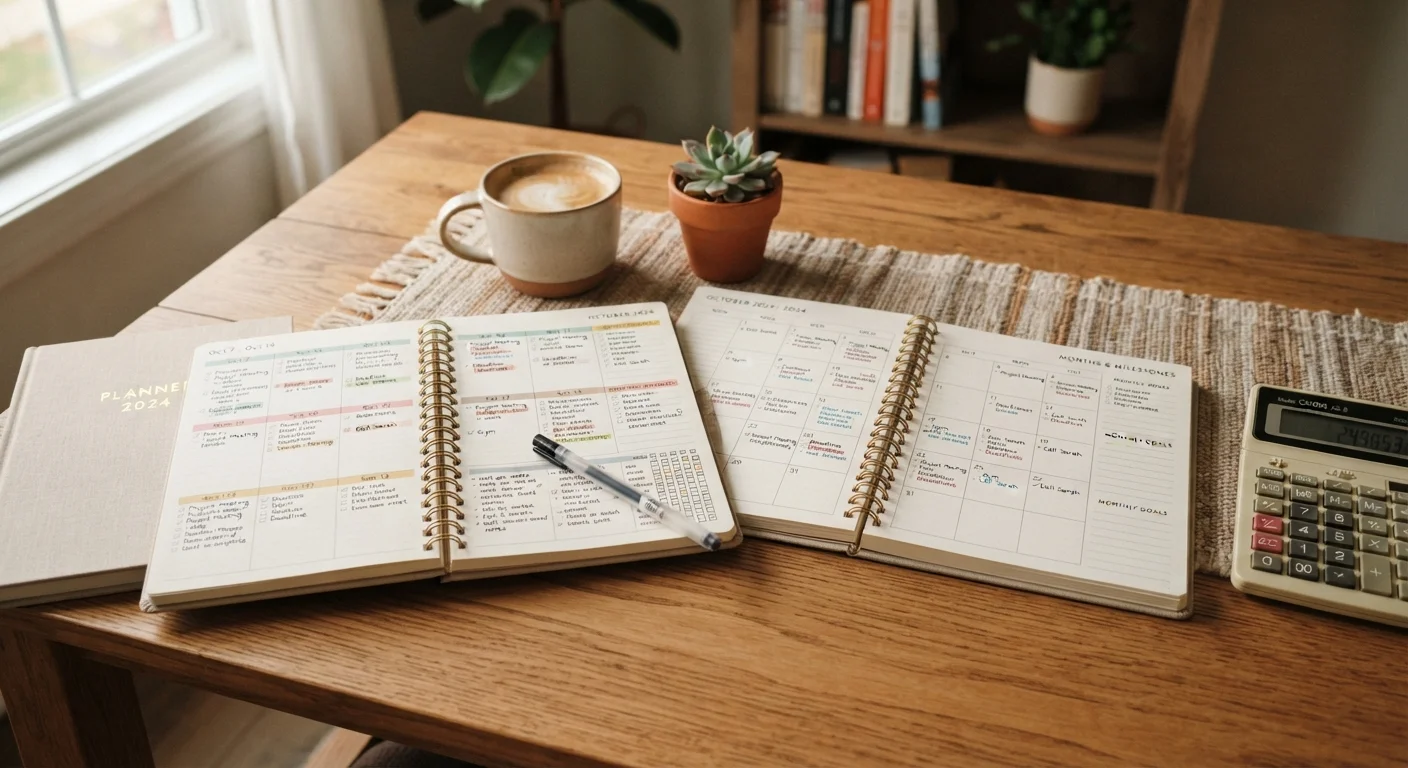 Two planners side by side showing weekly and monthly budget layouts on a desk