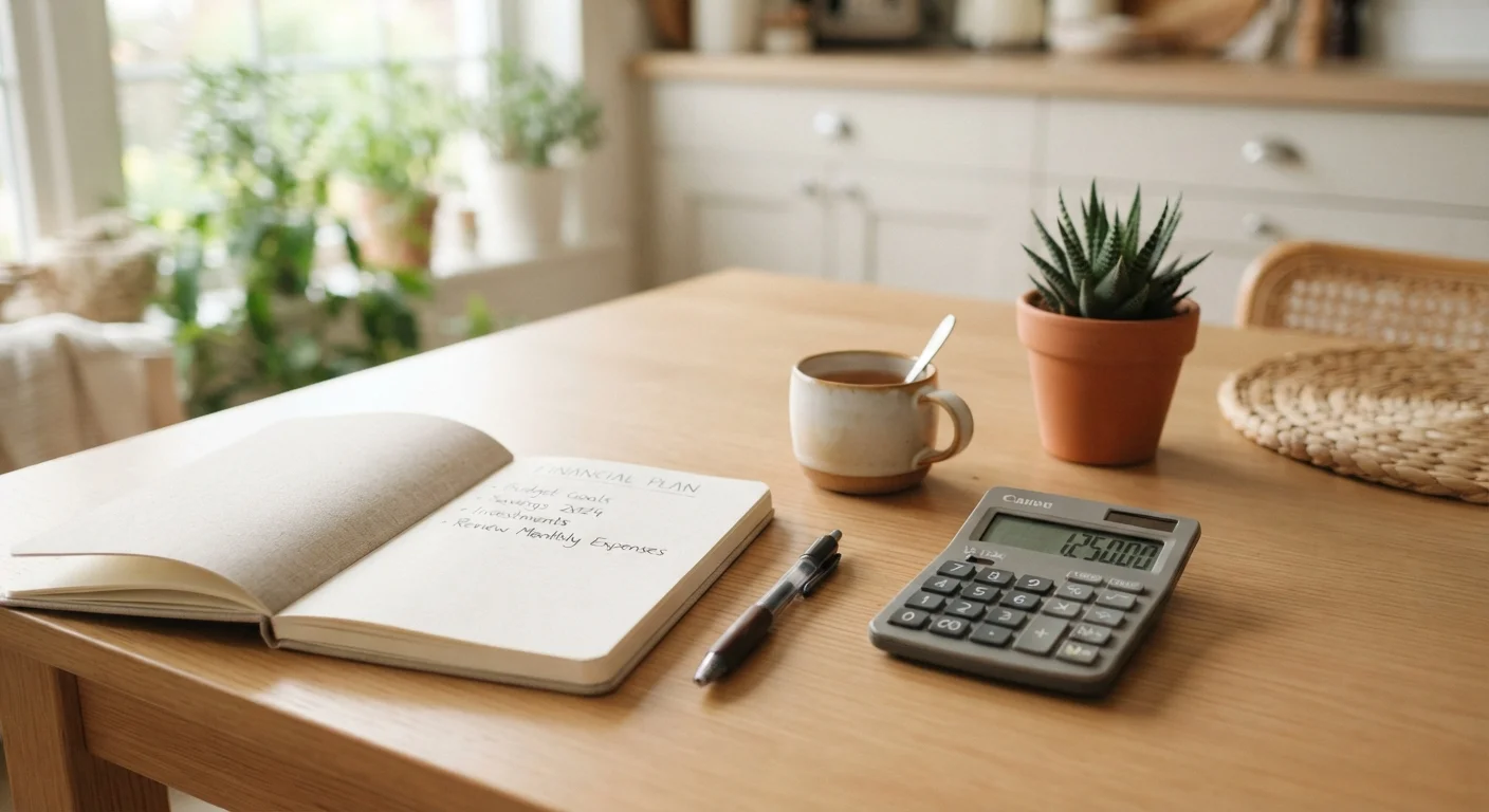 A notebook and calculator on a kitchen table suggesting simple, approachable household budgeting