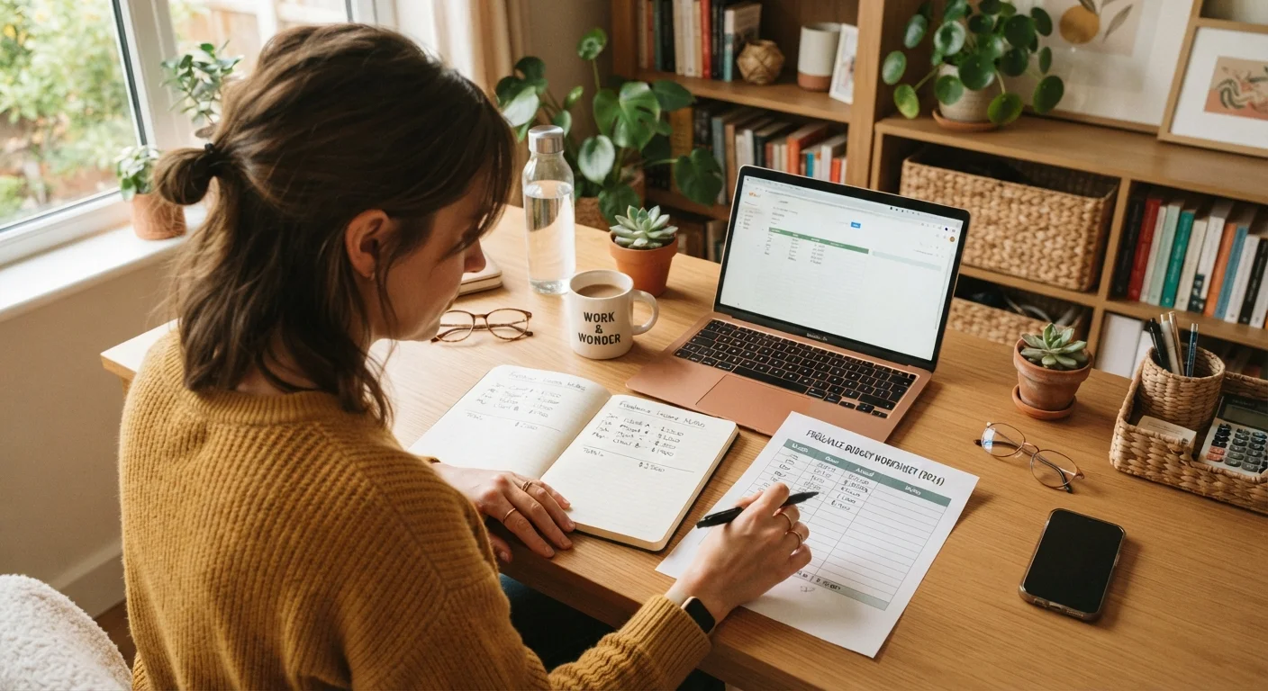 A freelancer reviewing budget notes and income figures at a home office desk