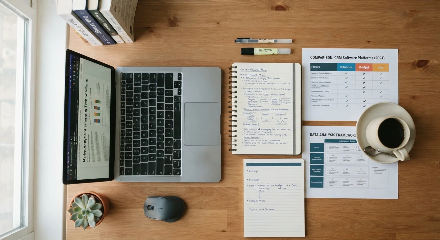 Organized research workspace with notebook, laptop, and product comparison charts on a desk