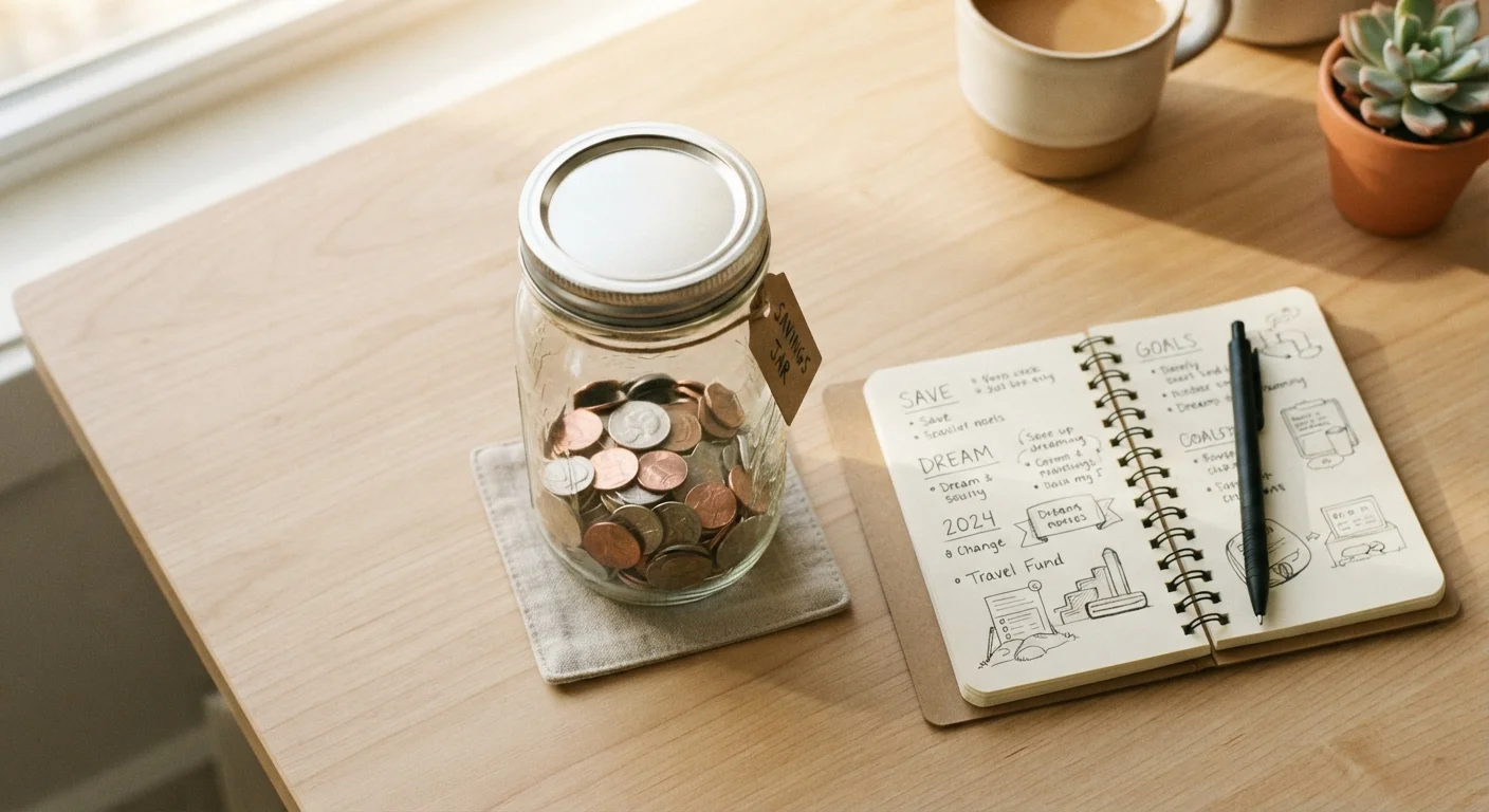 Glass jar with coins next to a notebook and pen on a wooden desk