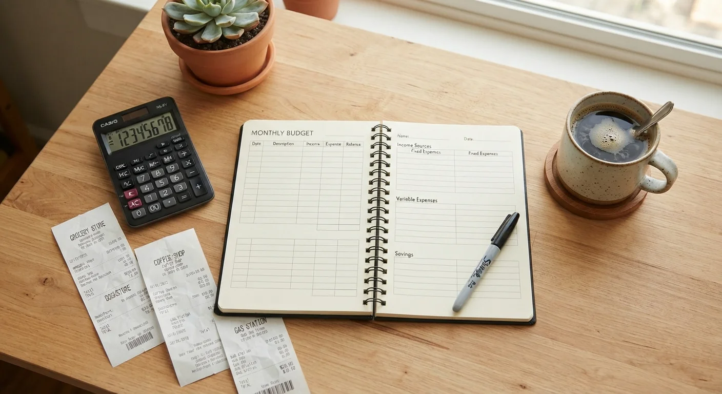 A notebook budget worksheet on a wooden desk alongside a calculator and receipts.