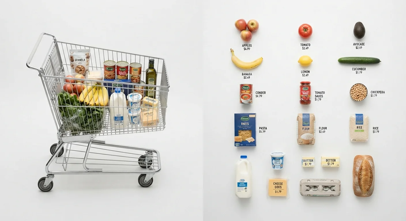 Shopping cart with bundled products next to individually priced items on a flat surface