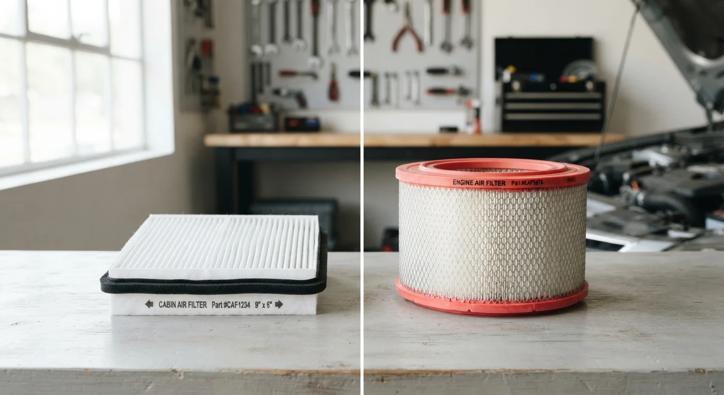 A cabin air filter and an engine air filter placed side by side on a workshop surface