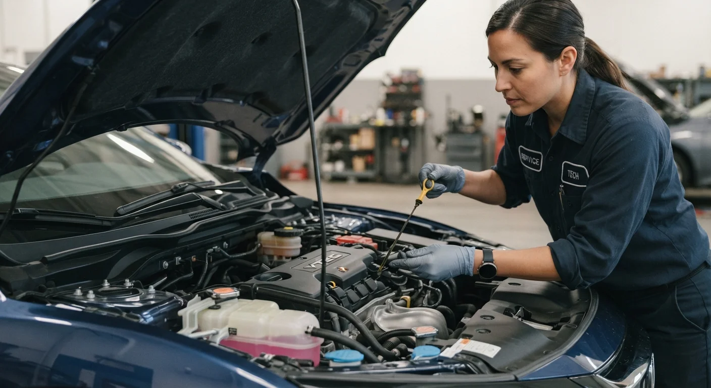 Mechanic checking various fluid reservoirs under the open hood of a car in a workshop