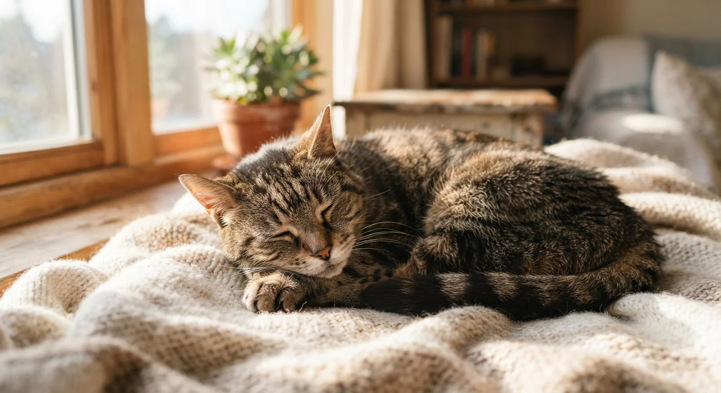 A senior tabby cat resting comfortably on a soft blanket near a sunlit window
