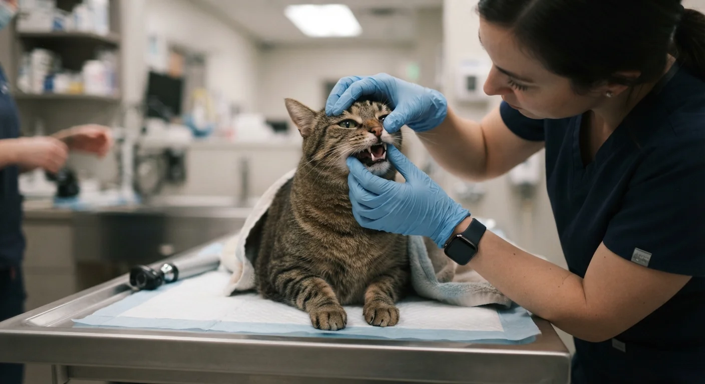 Veterinarian examining a cat's teeth during a routine dental health check