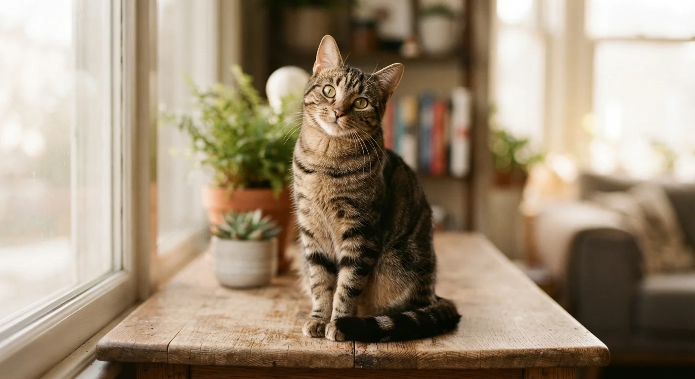 A tabby cat sitting calmly on a wooden surface, looking directly at the camera