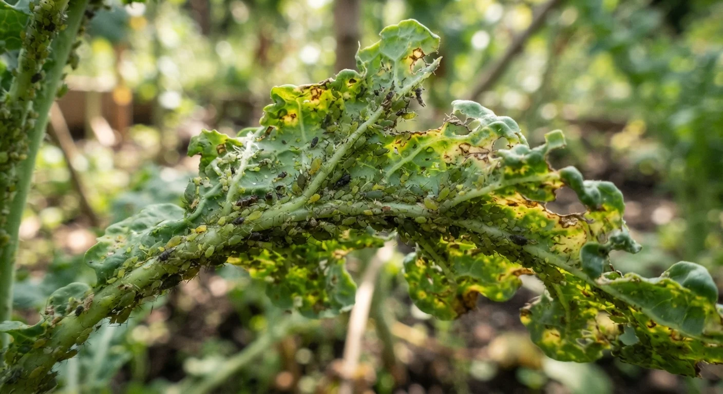 Close-up of garden leaves showing aphid damage and pest infestation in a home vegetable garden