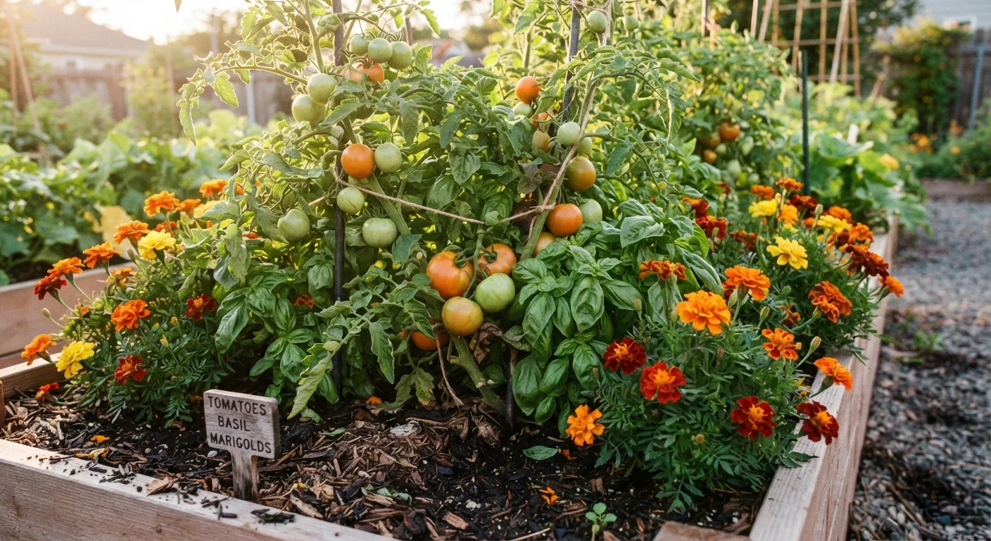 Tomatoes, basil, and marigolds growing together in a well-tended home garden bed