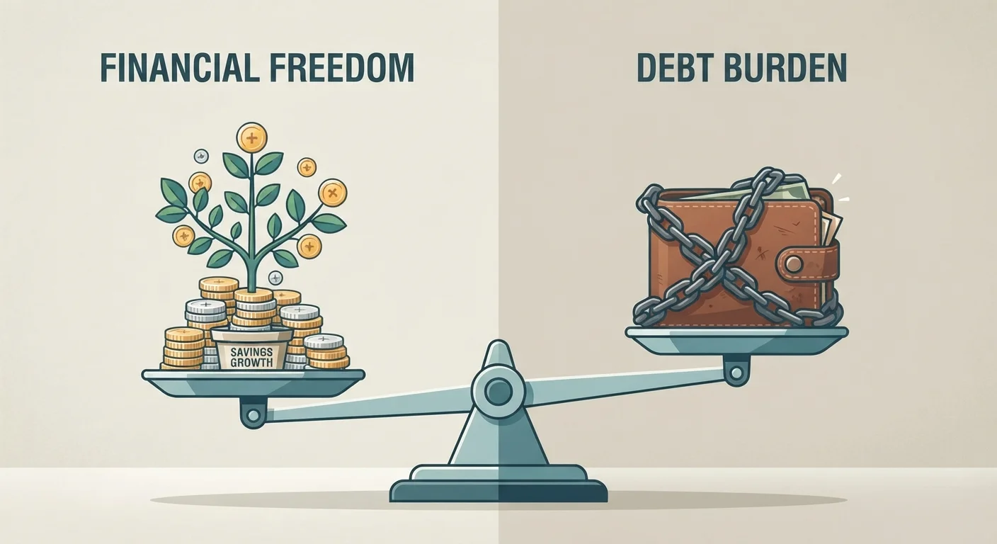 A balanced scale with a growing plant on one side and a debt chain on the other, symbolizing compound interest.