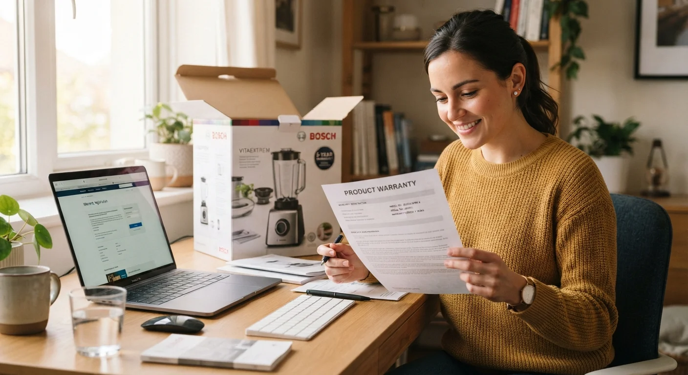 Consumer reviewing a written warranty document next to a recently purchased appliance box