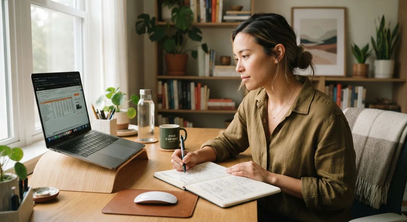 Person at a desk with a laptop and notebook conducting organized product research