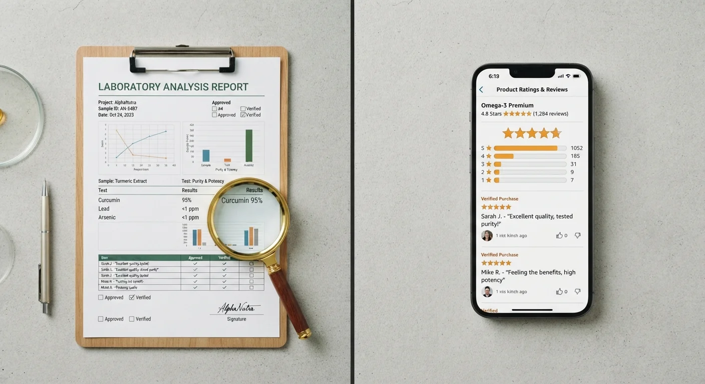 Side-by-side visual comparing expert lab testing documents and crowdsourced user reviews on a smartphone screen
