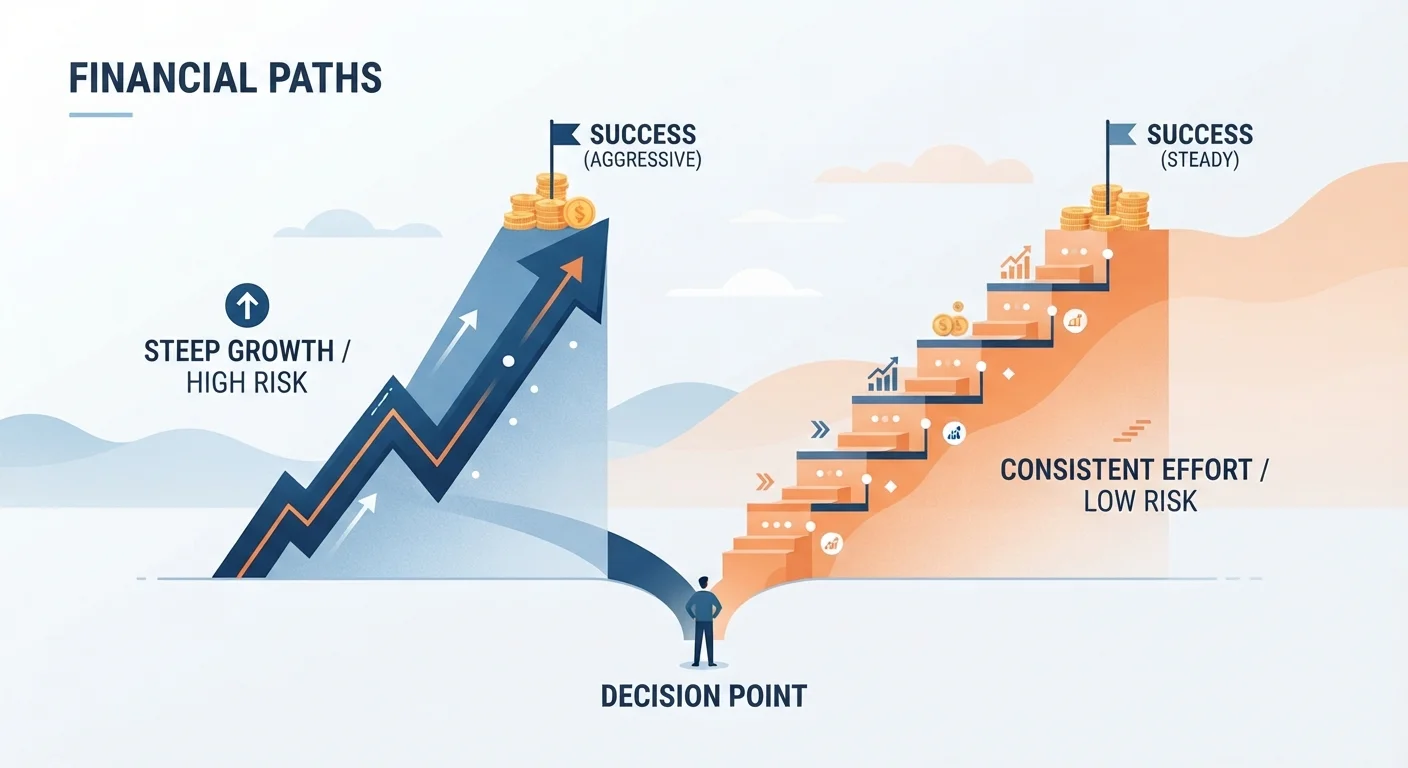 Two diverging paths representing different debt payoff strategies on a clean illustrated background