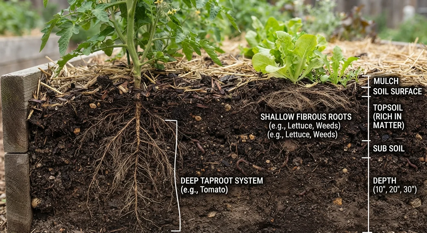 Cross-section of garden soil showing deep root system versus shallow surface roots