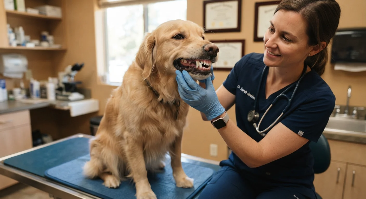 A veterinarian examining a dog's teeth and gums during a routine dental checkup