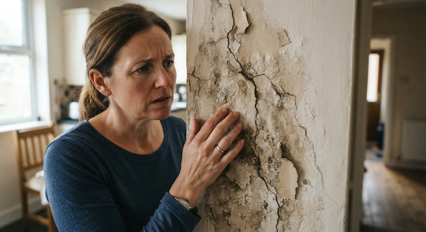 Homeowner examining cracked wall with peeling paint and water damage inside a house