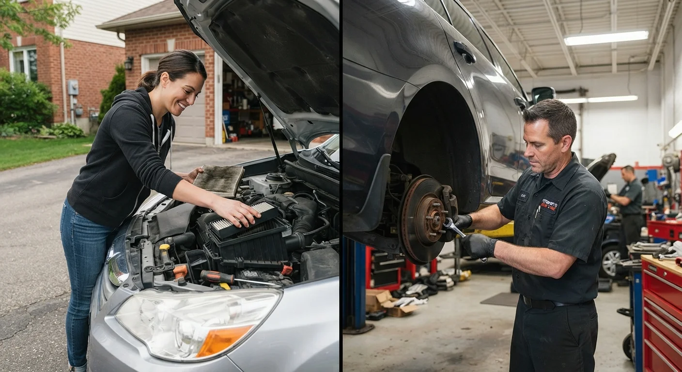 Split image of a DIY car air filter change on a driveway versus a mechanic working on brakes in a shop