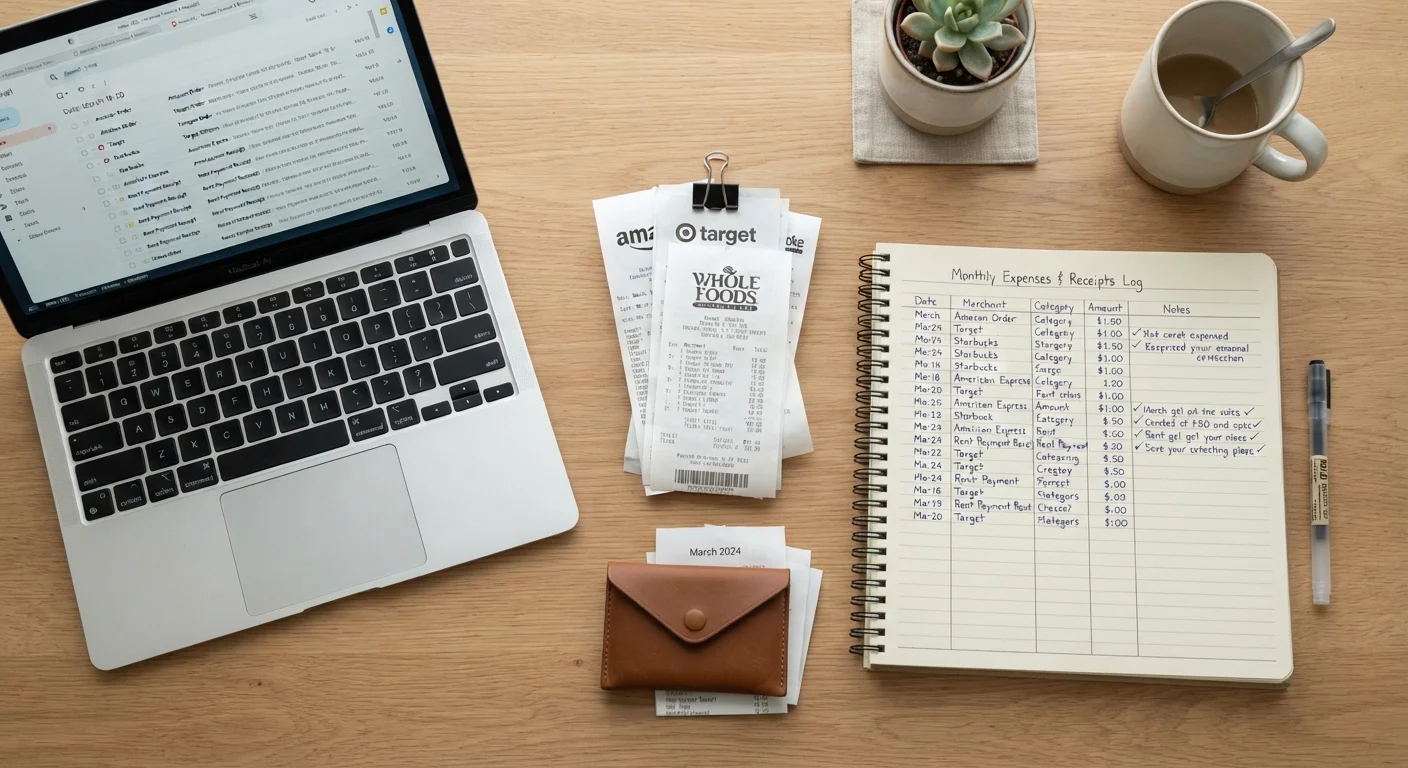 A tidy desk with receipts, a notebook, and a laptop showing email records for a purchase dispute