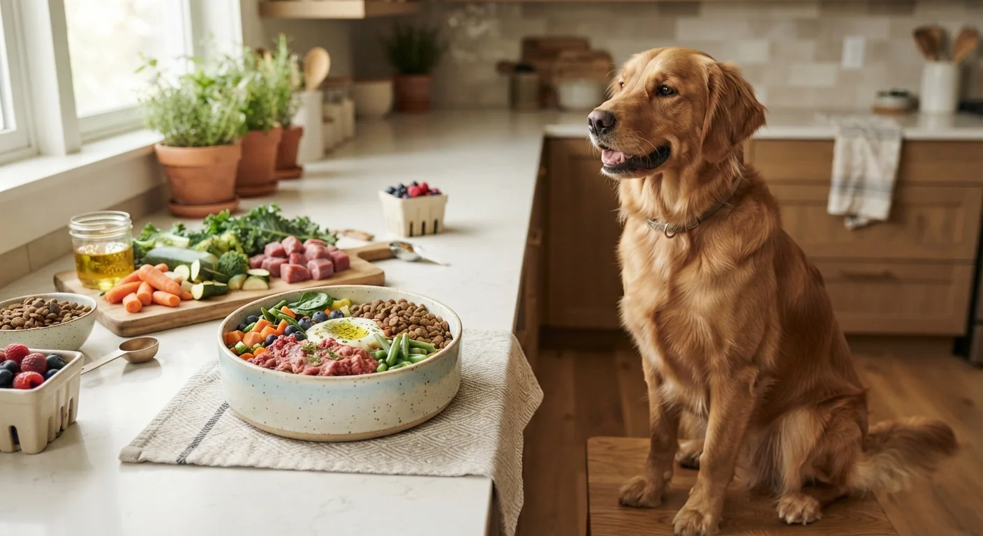A dog sitting next to a food bowl surrounded by fresh ingredients representing balanced canine nutrition