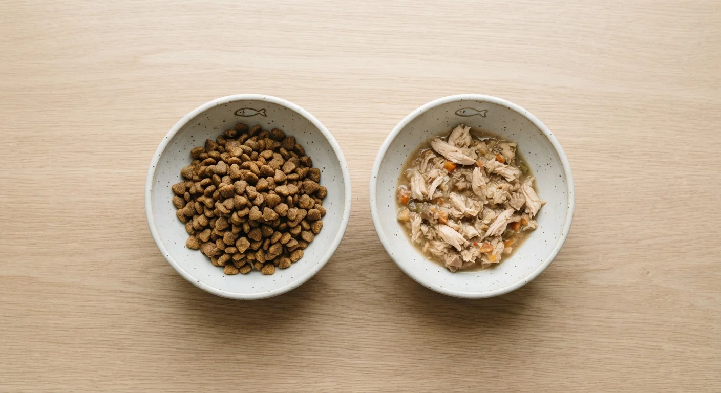 Two cat food bowls side by side, one with dry kibble and one with wet food
