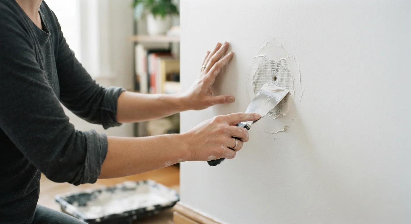 Homeowner applying joint compound to a patched hole in a white drywall wall