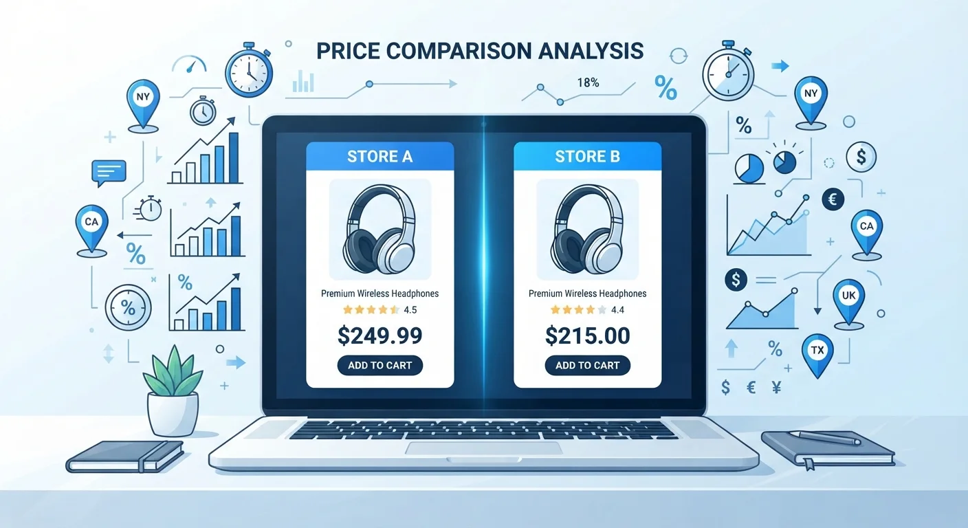 A laptop screen displaying the same product at two different prices with data icons floating around it