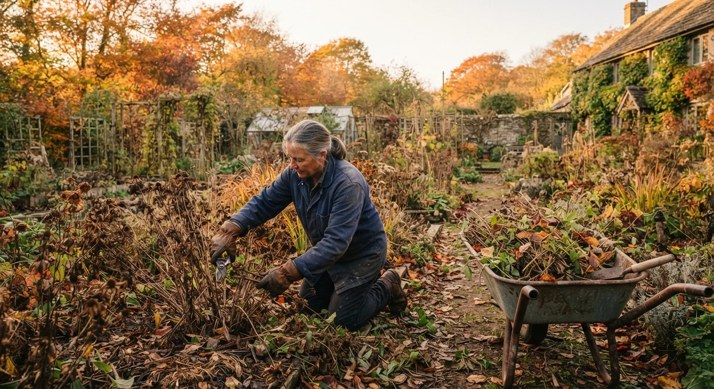 Gloved gardener cutting back dried perennial stalks in a fall garden with autumn leaves on the ground