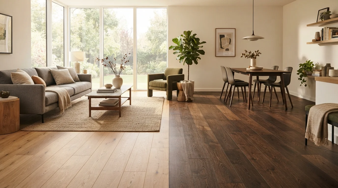 Side-by-side view of engineered hardwood and solid hardwood flooring panels in a bright living room