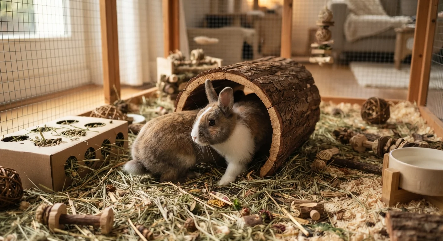 A rabbit exploring a wooden tunnel and foraging toys inside a spacious enriched enclosure