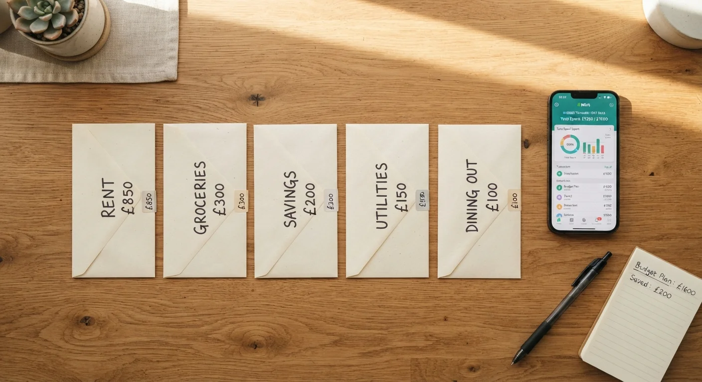 Labeled paper envelopes and a smartphone with a budgeting app on a wooden desk