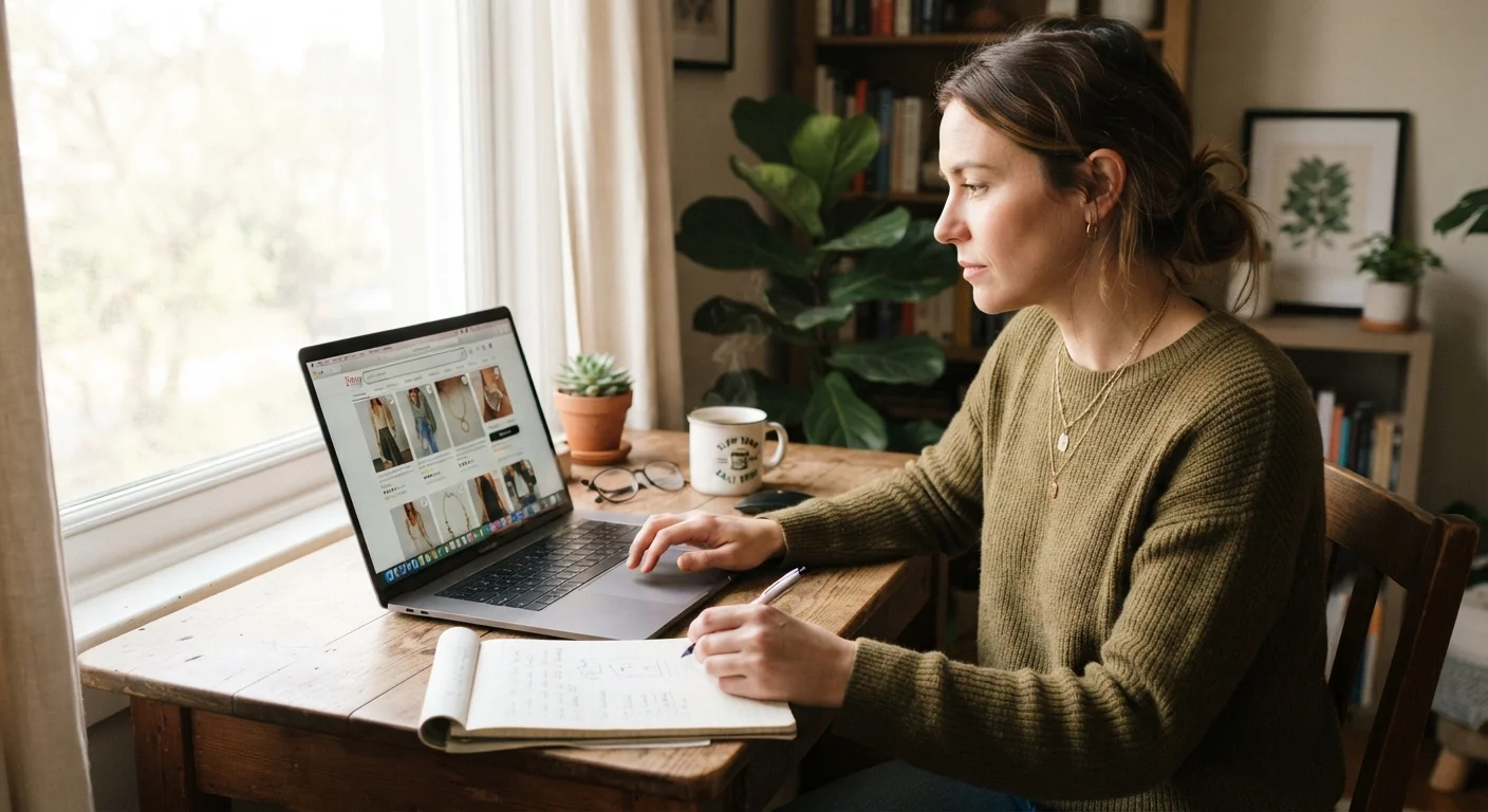 Person at a desk reviewing an online deal on a laptop with a notepad beside them