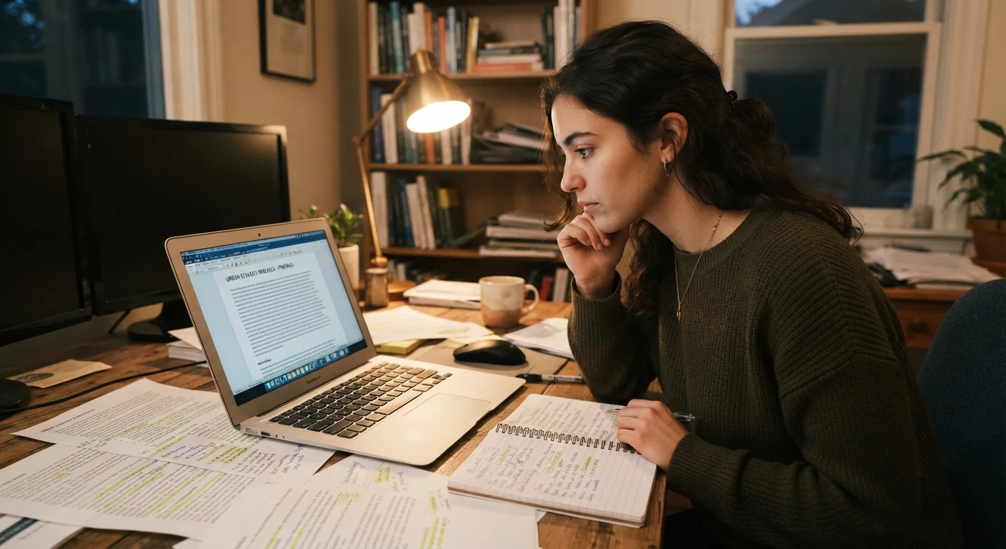 Person researching a product purchase on a laptop with notes spread across a desk