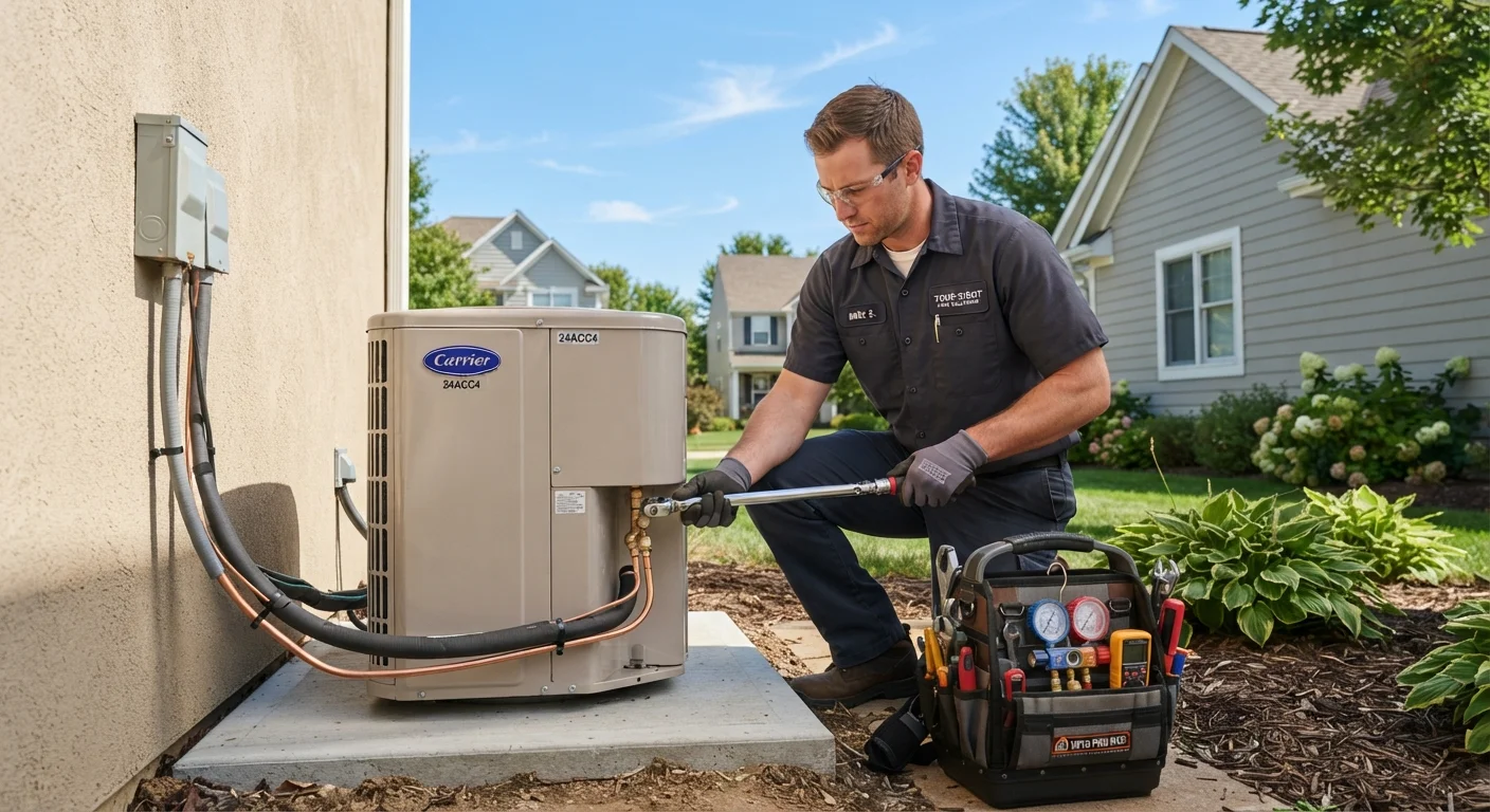 HVAC technician installing a new outdoor condenser unit beside a residential home
