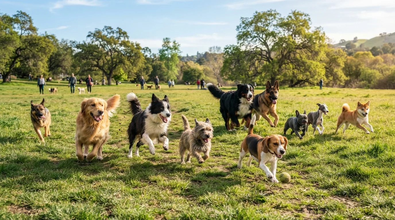 Dogs of various breeds exercising together in an outdoor park on a sunny day