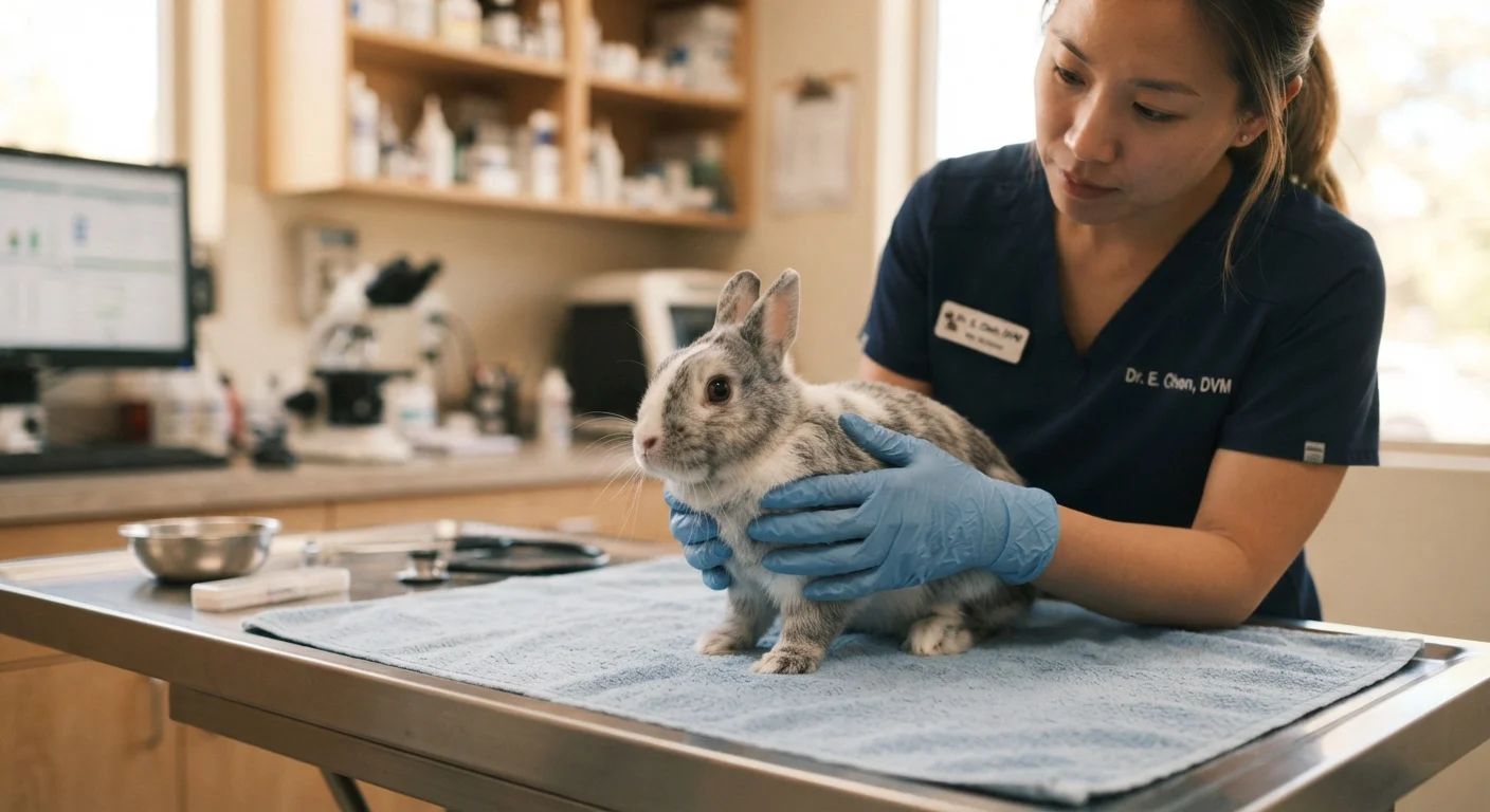 A small rabbit being examined on a veterinary table by a professional in gloves
