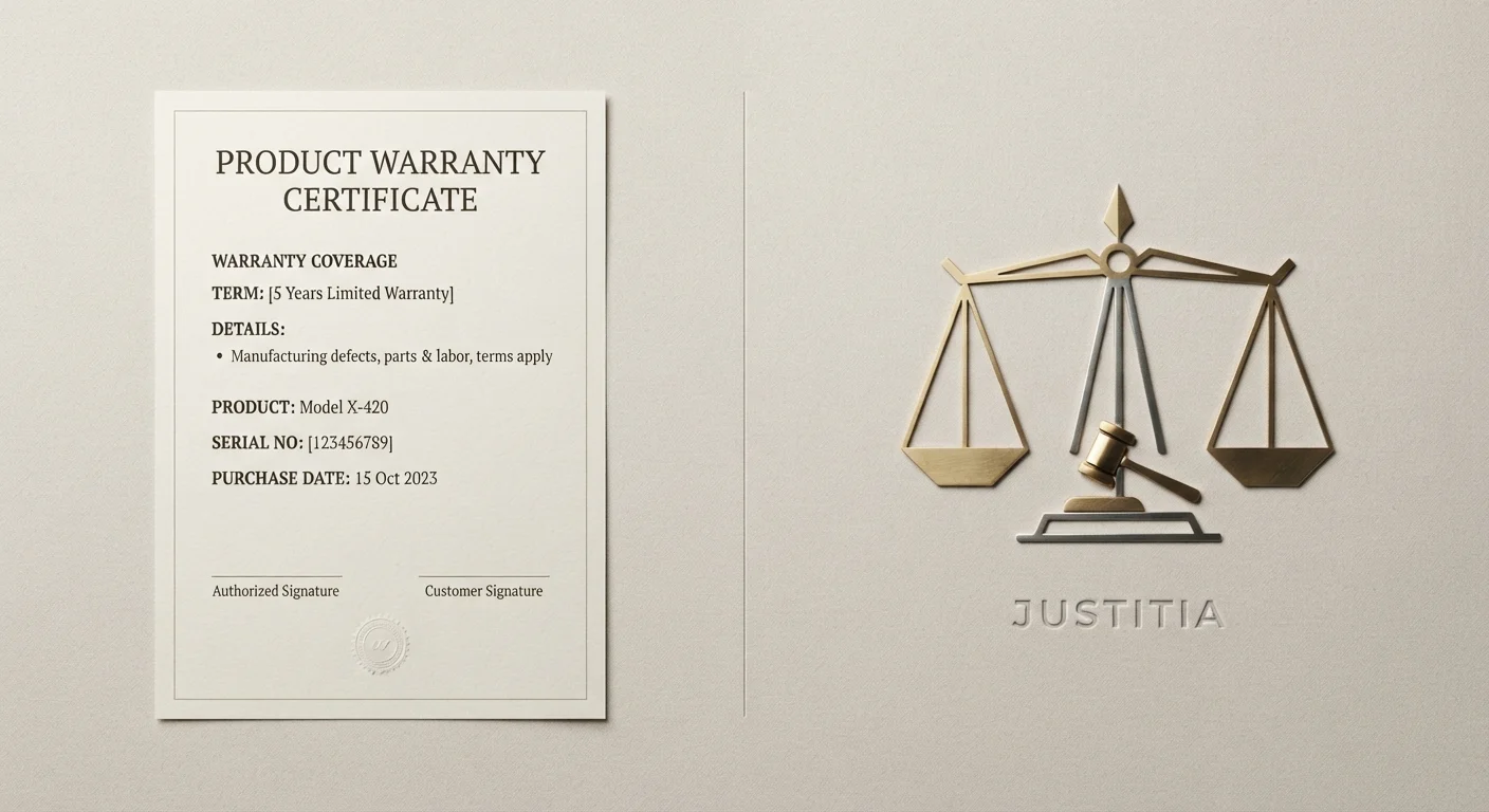 A printed warranty document beside a legal scales symbol representing consumer rights