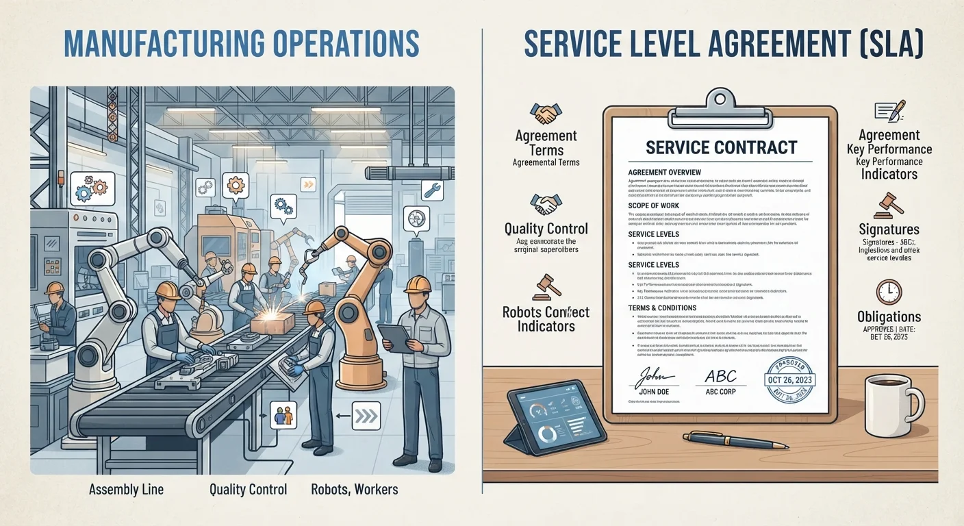 Split illustration comparing manufacturer warranty documentation with an extended service plan contract
