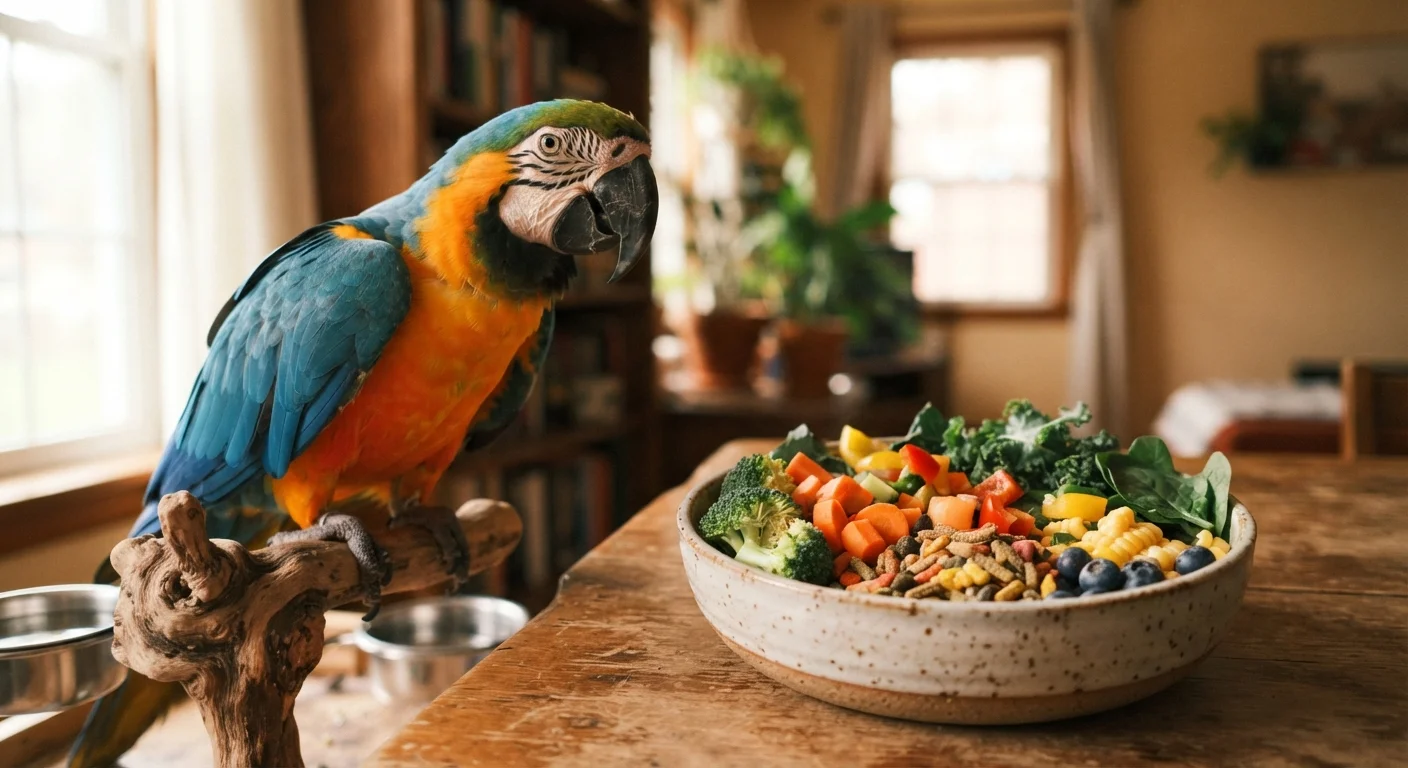 A vibrant pet parrot perched next to a bowl of colorful fresh vegetables and pellets