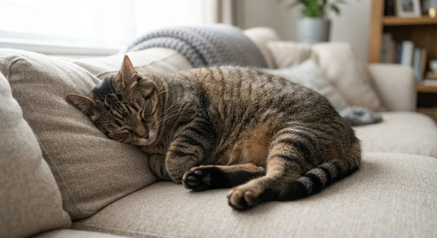 A round, overweight domestic cat resting comfortably on a soft couch in natural light