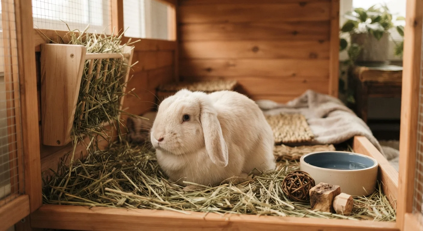 A domestic rabbit sitting in a clean, well-equipped enclosure with hay and enrichment toys